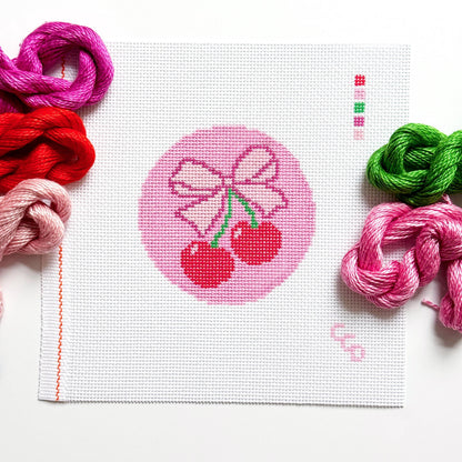 Cherry Bow Needlepoint Canvas | 4 Inch Round Pink Coquette Ornament | Hand-Painted 13 Mesh