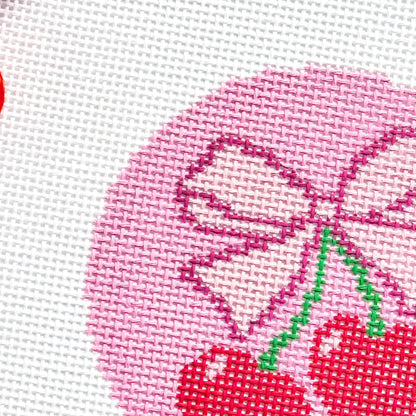 Cherry Bow Needlepoint Canvas | 4 Inch Round Pink Coquette Ornament | Hand-Painted 13 Mesh