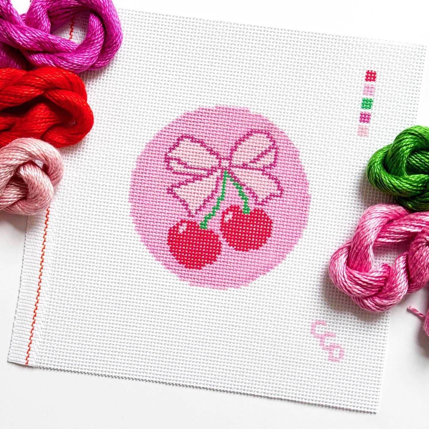 Cherry Bow Needlepoint Canvas | 4 Inch Round Pink Coquette Ornament | Hand-Painted 13 Mesh