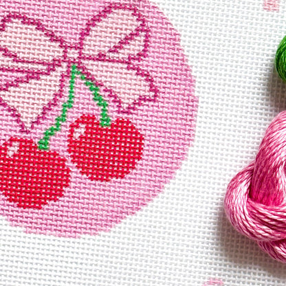 Cherry Bow Needlepoint Canvas | 4 Inch Round Pink Coquette Ornament | Hand-Painted 13 Mesh
