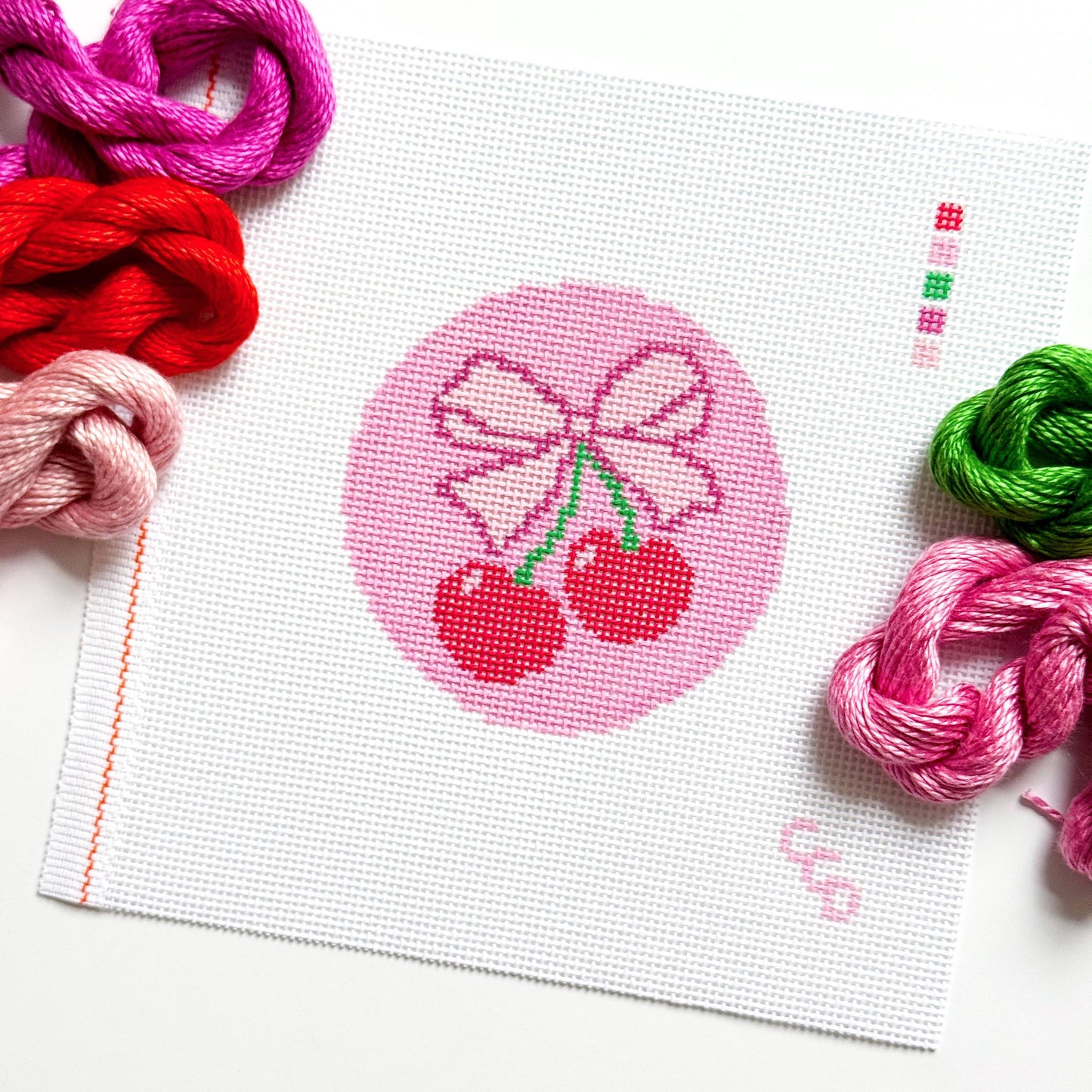 Cherry Bow Needlepoint Canvas | 4 Inch Round Pink Coquette Ornament | Hand-Painted 13 Mesh