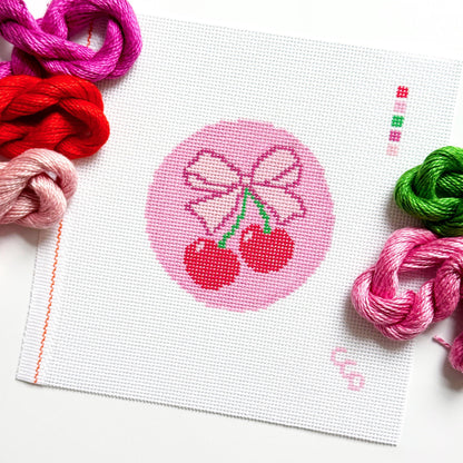 Cherry Bow Needlepoint Canvas | 4 Inch Round Pink Coquette Ornament | Hand-Painted 13 Mesh
