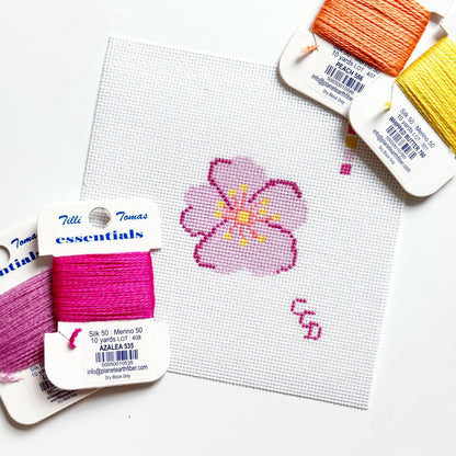 Pink Blossom Mini Needlepoint Canvas | 3″ Flower on 18-Mesh