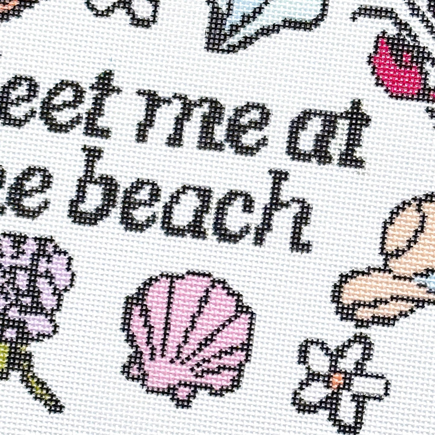 Meet Me at the Beach" Needlepoint Canvas | 11″ Coastal Collage on 18-Mesh