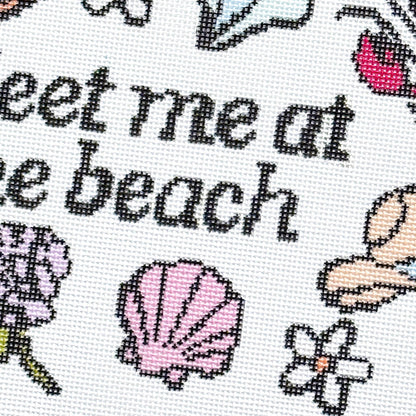 Meet Me at the Beach" Needlepoint Canvas | 11″ Coastal Collage on 18-Mesh