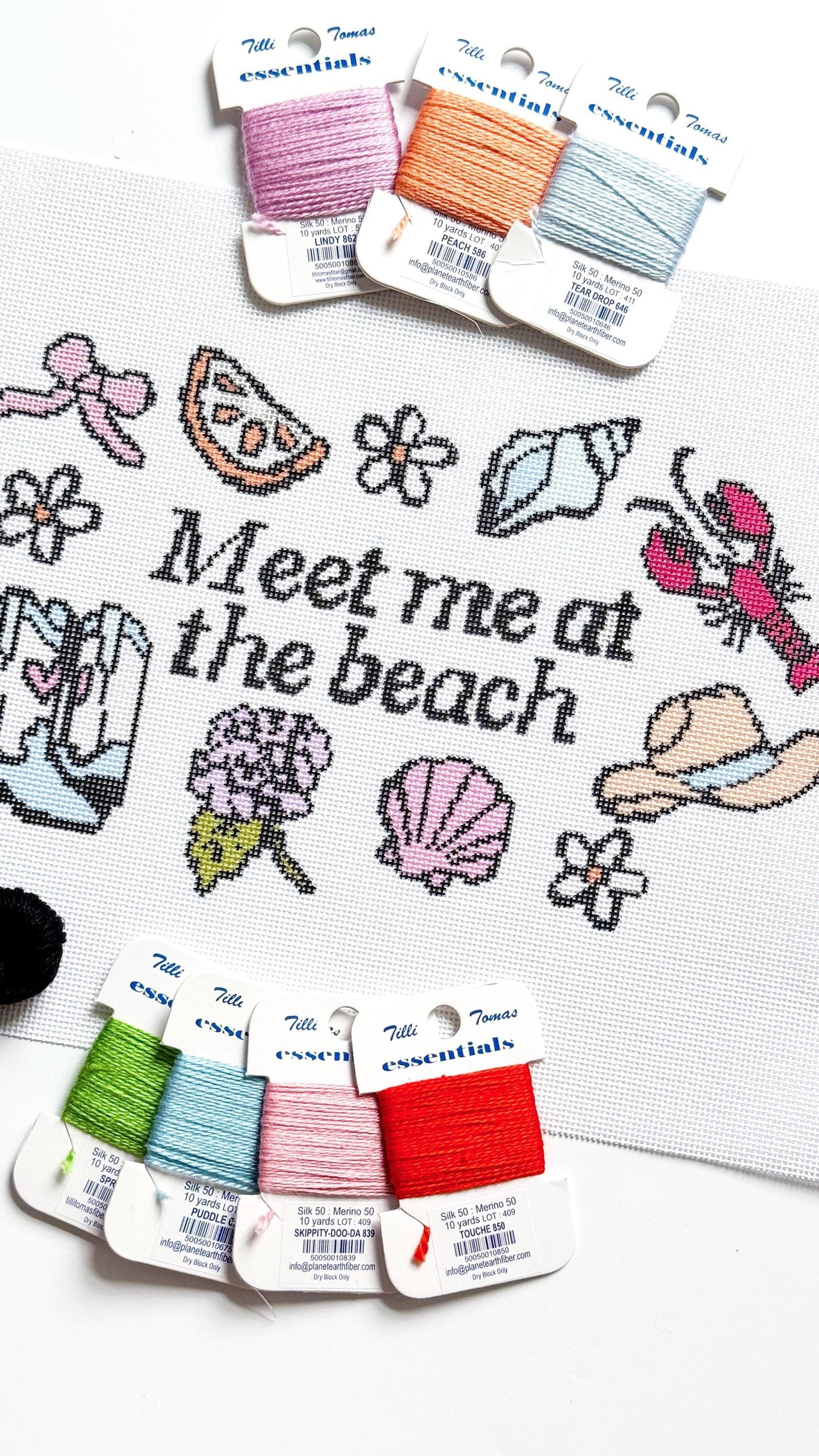 Meet Me at the Beach" Needlepoint Canvas | 11″ Coastal Collage on 18-Mesh