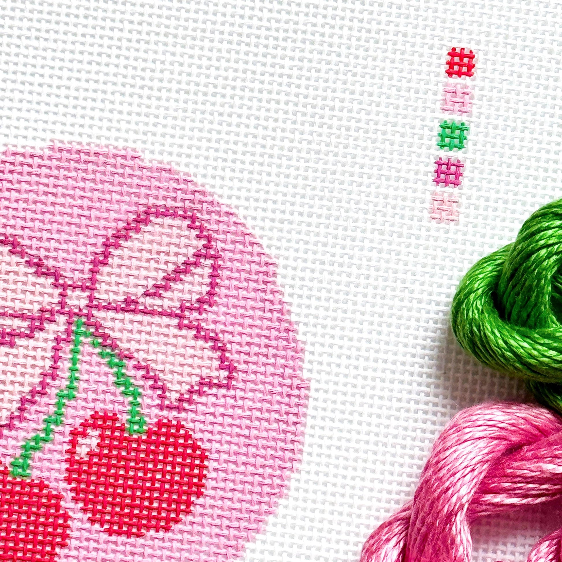 Cherry Bow Needlepoint Canvas | 4 Inch Round Pink Coquette Ornament | Hand-Painted 13 Mesh