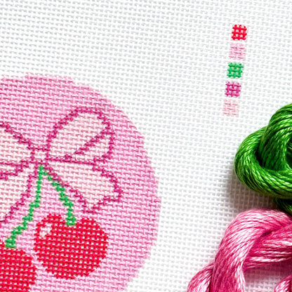 Cherry Bow Needlepoint Canvas | 4 Inch Round Pink Coquette Ornament | Hand-Painted 13 Mesh
