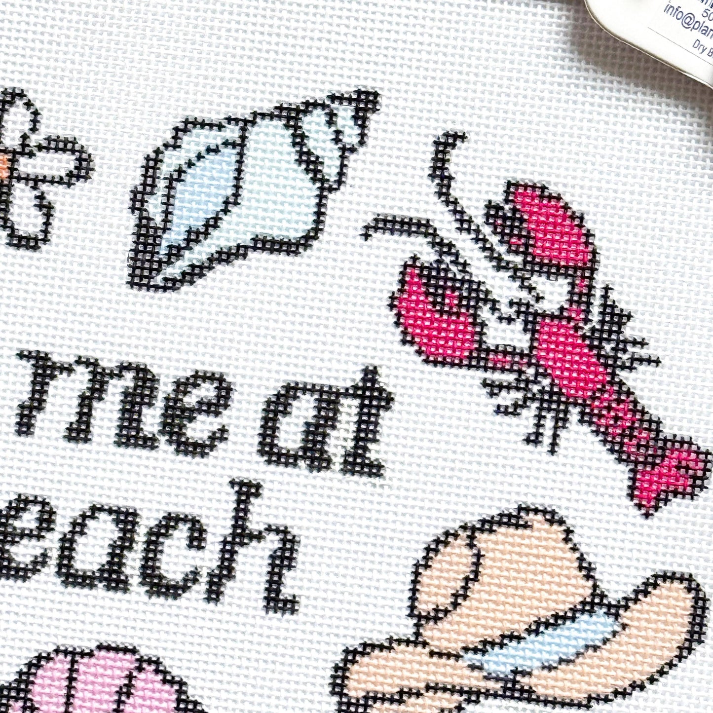 Meet Me at the Beach" Needlepoint Canvas | 11″ Coastal Collage on 18-Mesh