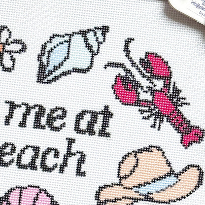 Meet Me at the Beach" Needlepoint Canvas | 11″ Coastal Collage on 18-Mesh
