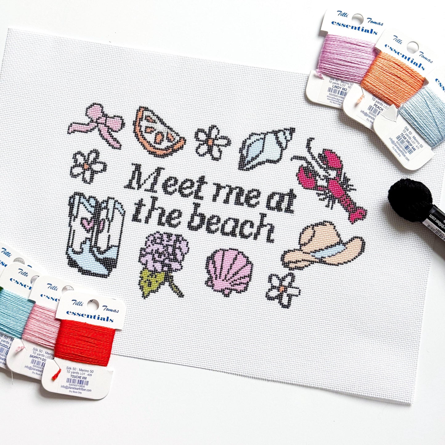 Meet Me at the Beach" Needlepoint Canvas | 11″ Coastal Collage on 18-Mesh