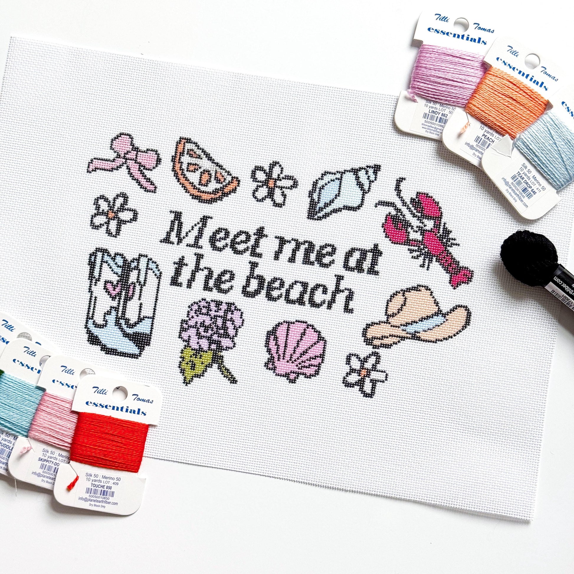 Meet Me at the Beach" Needlepoint Canvas | 11″ Coastal Collage on 18-Mesh