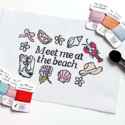 Meet Me at the Beach" Needlepoint Canvas | 11″ Coastal Collage on 18-Mesh
