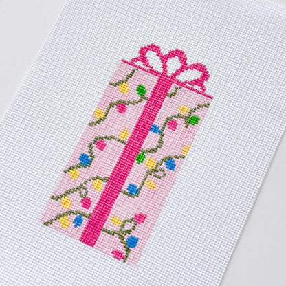 Pink Present Christmas Needlepoint Canvas 18 Mesh 2.5”x5” Design, Bow Christmas Needlepoint Ornament, Modern Needlepoint