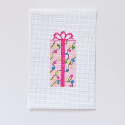 Pink Present Christmas Needlepoint Canvas 18 Mesh 2.5”x5” Design, Bow Christmas Needlepoint Ornament, Modern Needlepoint