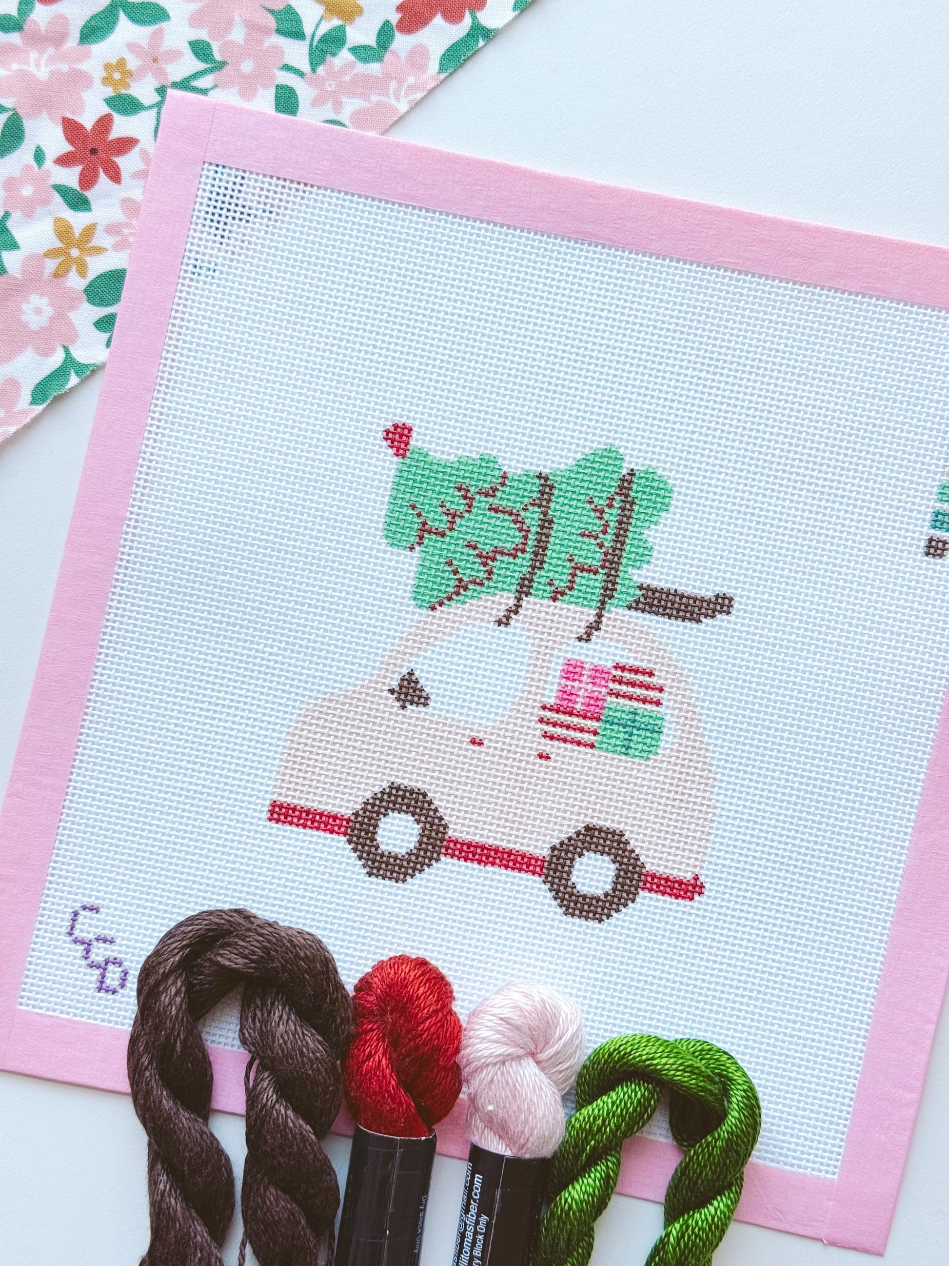 Christmas Needlepoint Ornament, Christmas Car Needlepoint, Modern Needlepoint, 18 Mesh 4”x4” Design, Pink Christmas Needlepoint Canvas