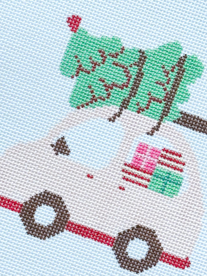 Christmas Needlepoint Ornament, Christmas Car Needlepoint, Modern Needlepoint, 18 Mesh 4”x4” Design, Pink Christmas Needlepoint Canvas