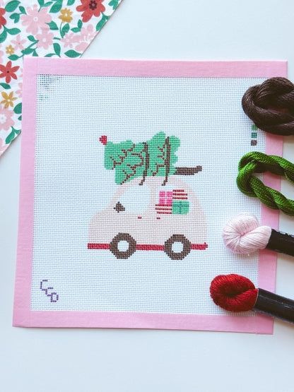 Christmas Needlepoint Ornament, Christmas Car Needlepoint, Modern Needlepoint, 18 Mesh 4”x4” Design, Pink Christmas Needlepoint Canvas