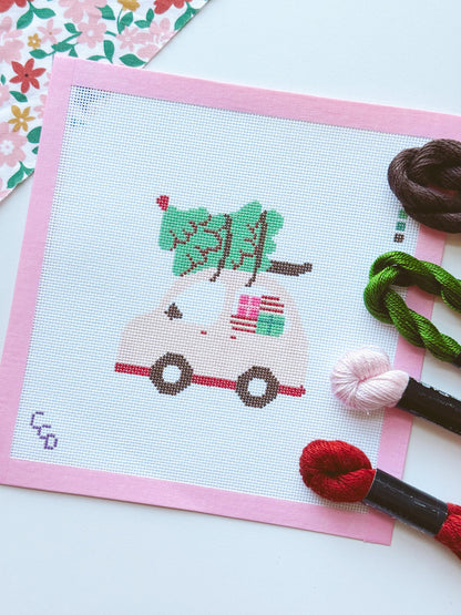 Christmas Needlepoint Ornament, Christmas Car Needlepoint, Modern Needlepoint, 18 Mesh 4”x4” Design, Pink Christmas Needlepoint Canvas