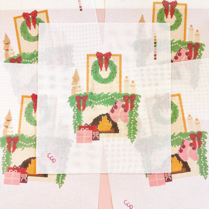 Hand Painted Christmas Fireplace Needlepoint Canvas 8” Needlepoint Canvas 18 Mesh Needlepoint Canvas Christmas Hand Painted