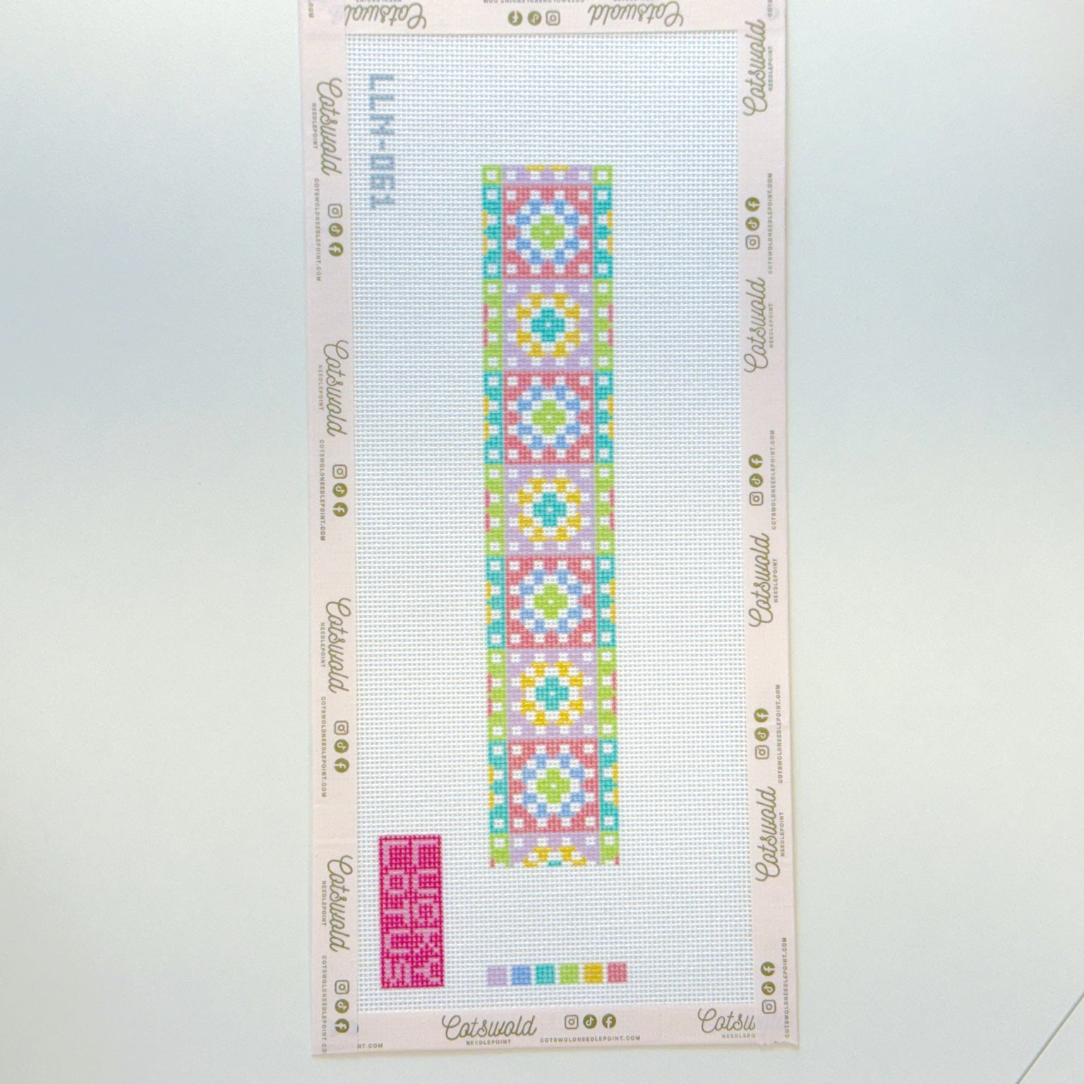 Pastel geometric needlepoint canvas strip on 18 mesh