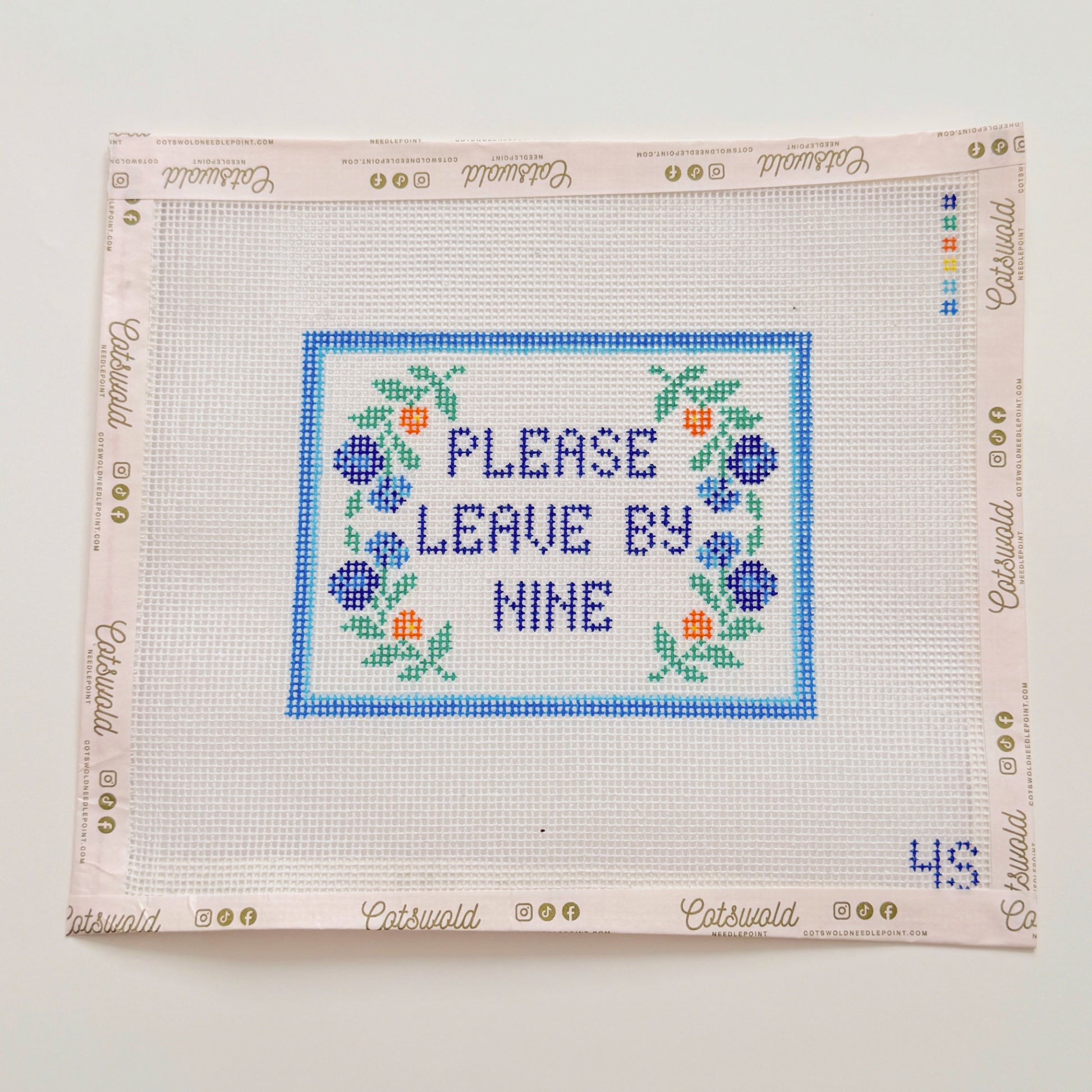 Please Leave By Nine Needlepoint Canvas by 4 Stitches and Giggles