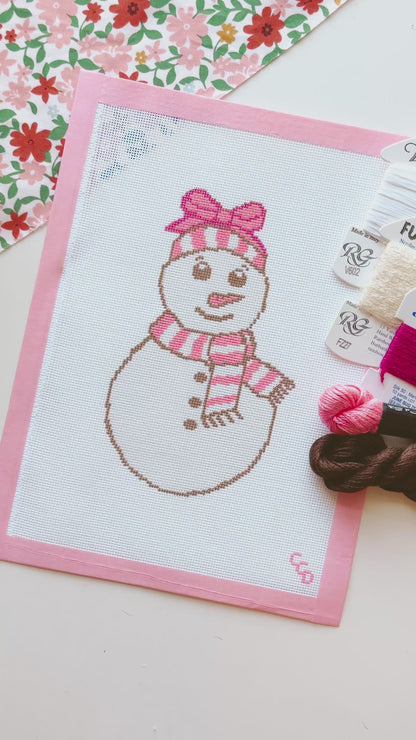 Pink Snowman Needlepoint Canvas 18 Mesh 4”x7” Design, Modern Winter Snowman Needlepoint
