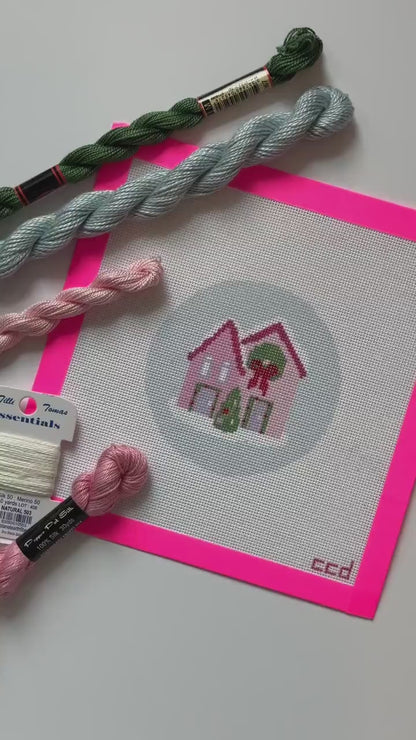 Christmas Houses Ornament Needlepoint Canvas 18 Mesh 4” Design, Christmas Round Ornament Needlepoint Canvas modern Hand Painted