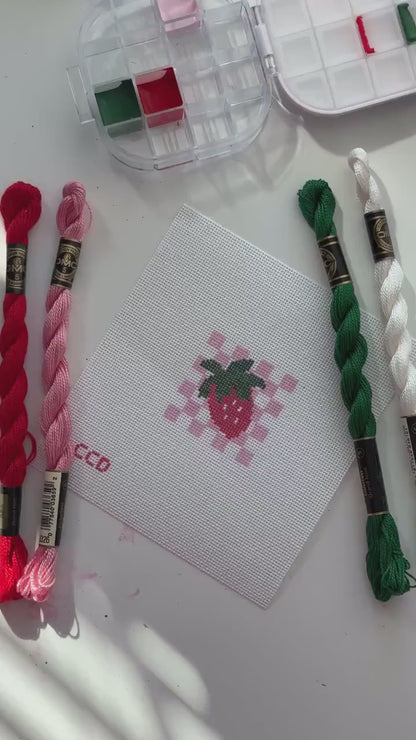 Hand Painted Strawberry Checkered 2” Needlepoint Canvas 18 Mesh Coquette Needlepoint Canvas Summer Hand Painted