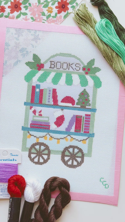 Christmas Book Trolley Cart Needlepoint Canvas 18 Mesh 5”x7” Design, Modern Christmas Bookish Neexlepoint