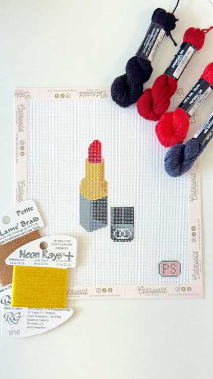 Red lipstick makeup needlepoint canvas on 18 mesh with coordinating threads