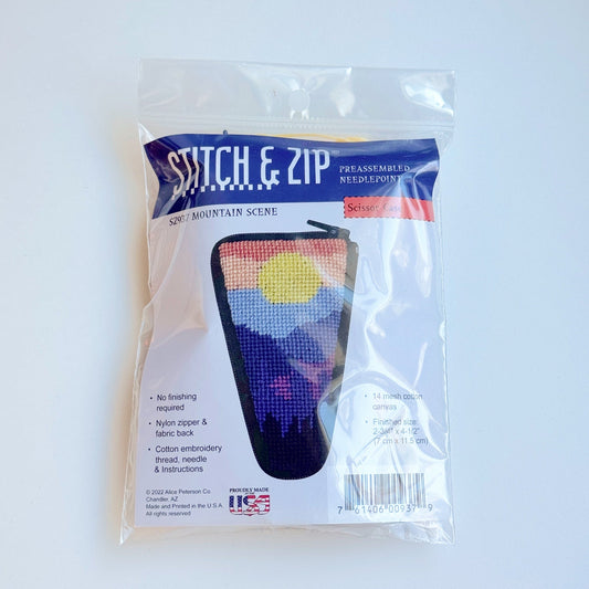 Stitch and Zip Mountain Scene preassembled needlepoint scissor case kit front packaging