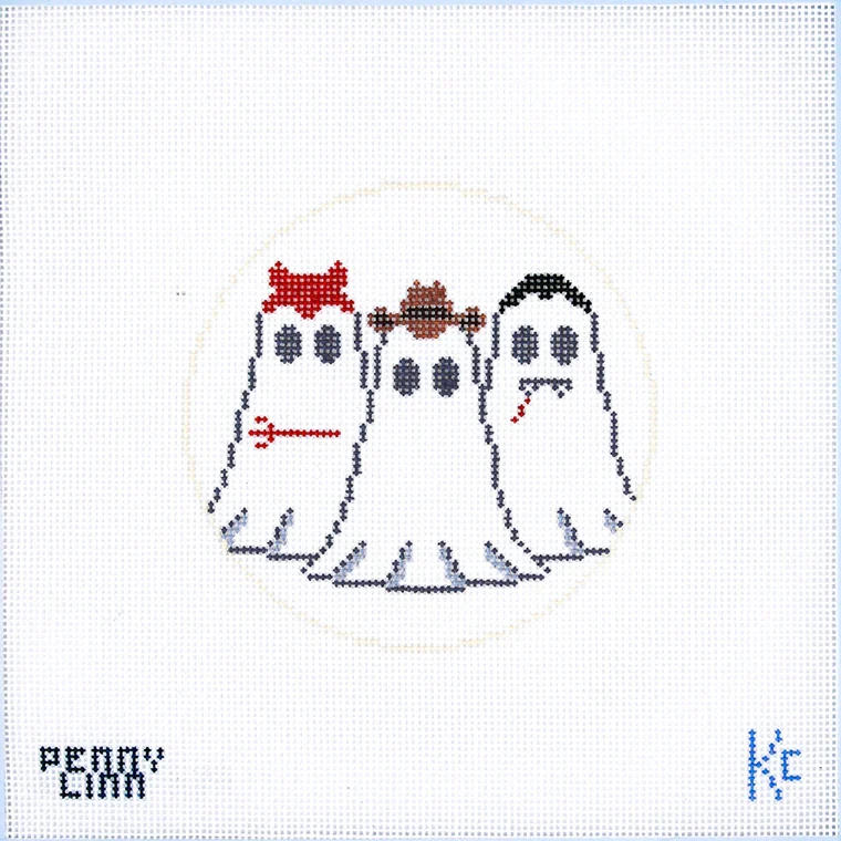 Vintage Halloween Ghosts in Costume Needlepoint Canvas Ornament, Halloween Ornament, 18 Mesh, 4" Round