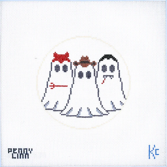 Vintage Halloween Ghosts in Costume Needlepoint Canvas Ornament, Halloween Ornament, 18 Mesh, 4" Round