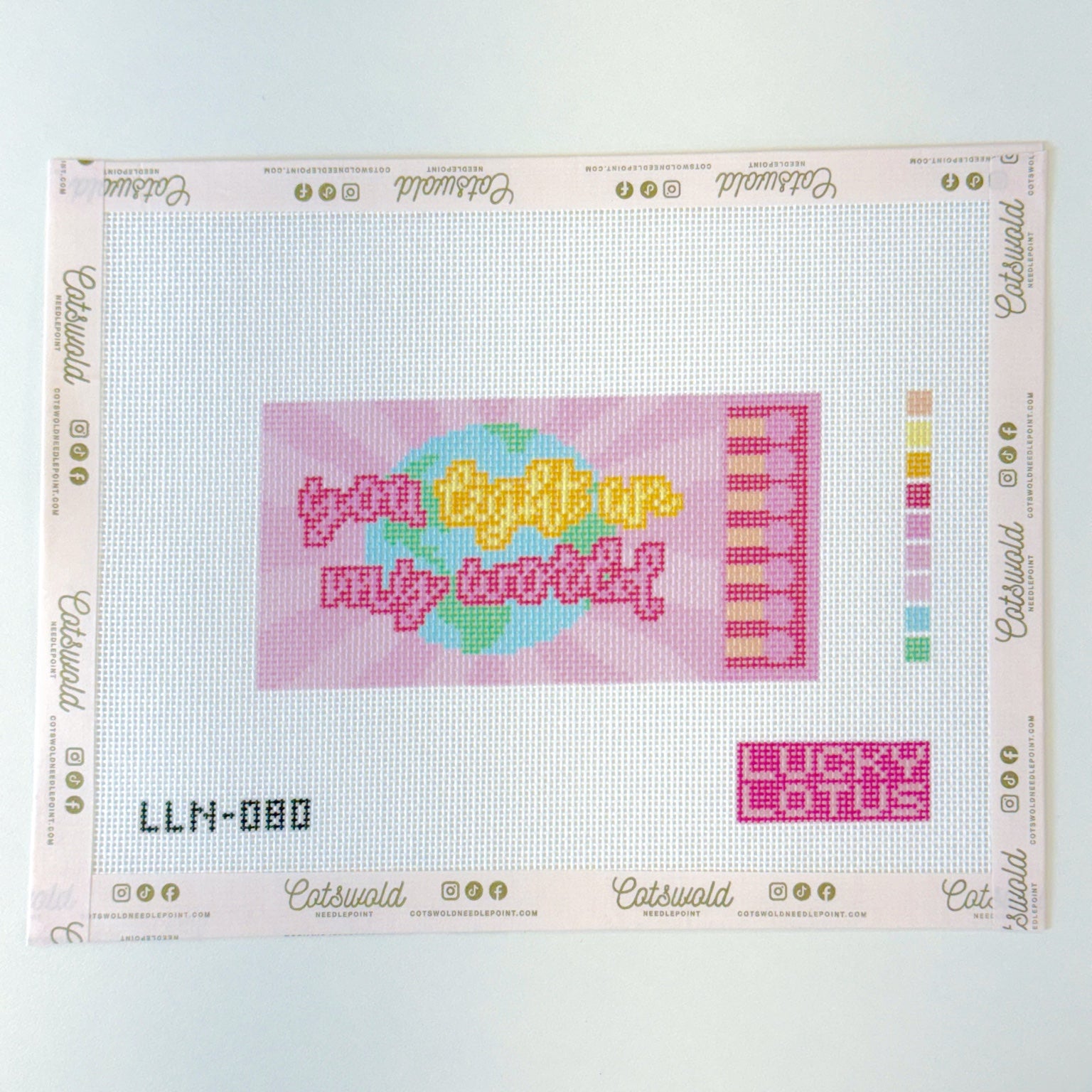 You Light Up My World matchbox needlepoint canvas on 18 mesh in pink yellow aqua and green