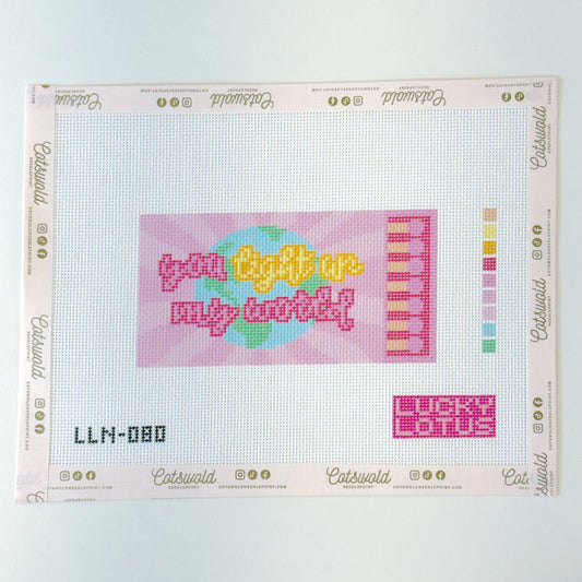 You Light Up My World matchbox needlepoint canvas on 18 mesh in pink yellow aqua and green